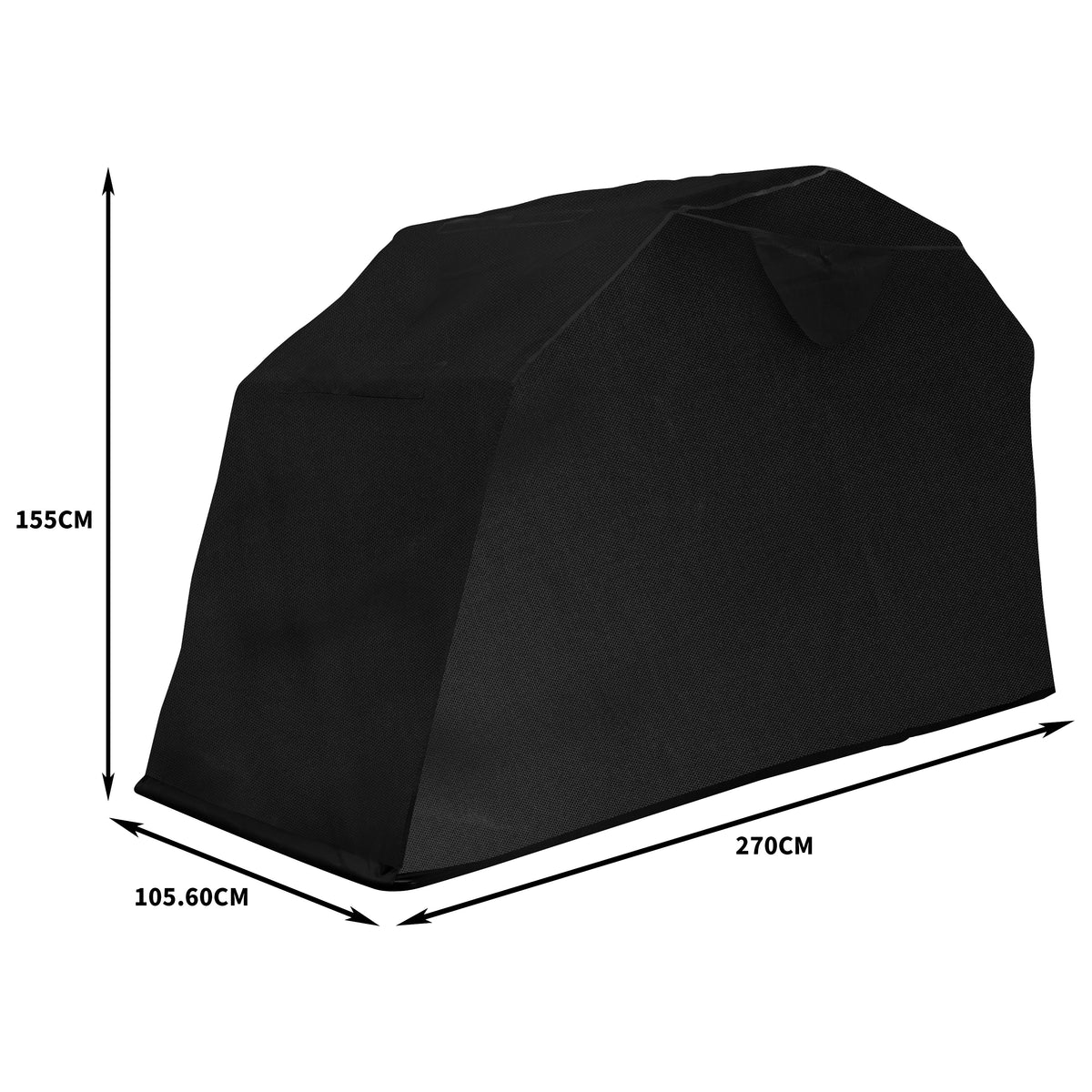 Svart skyddande överdrag för cykel, med måtten 270 cm x 155 cm x 105,6 cm, tillverkat av slitstarkt material för utomhusbruk