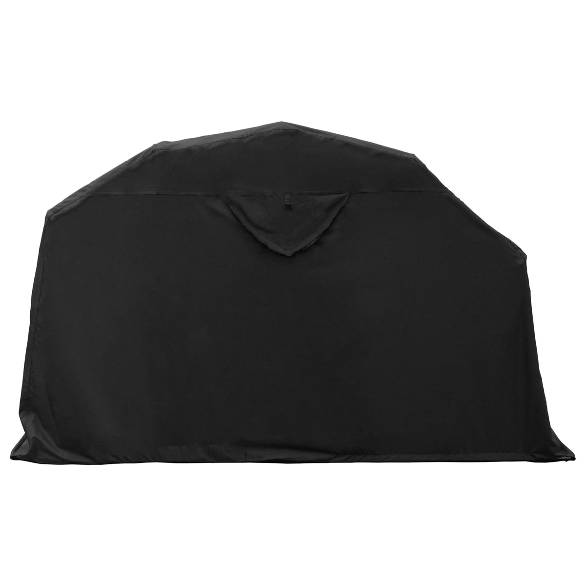 Svart, vattentålig grillöverdrag i slitstark polyester, designad för att skydda grillen från väder och smuts, med en praktisk huva