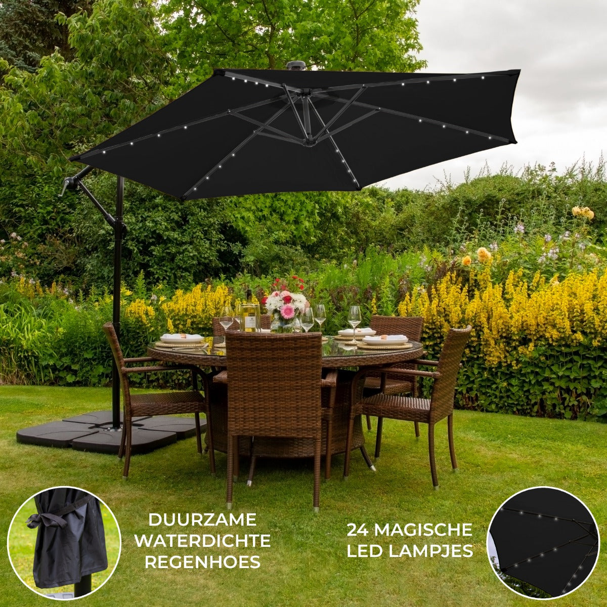 Svart 3m LED Cantilever Parasoll med Fyrkantig Bas