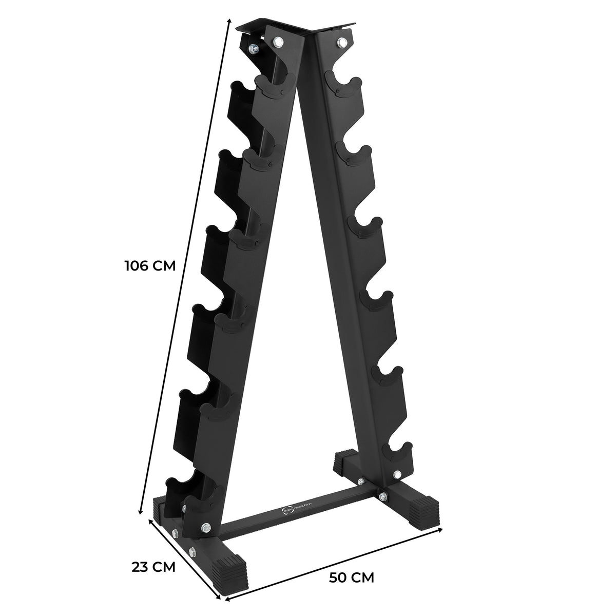 Svart, robust hantelställ i metall med plats för flera hantlar, mått 106 cm högt, 50 cm brett och 23 cm djupt