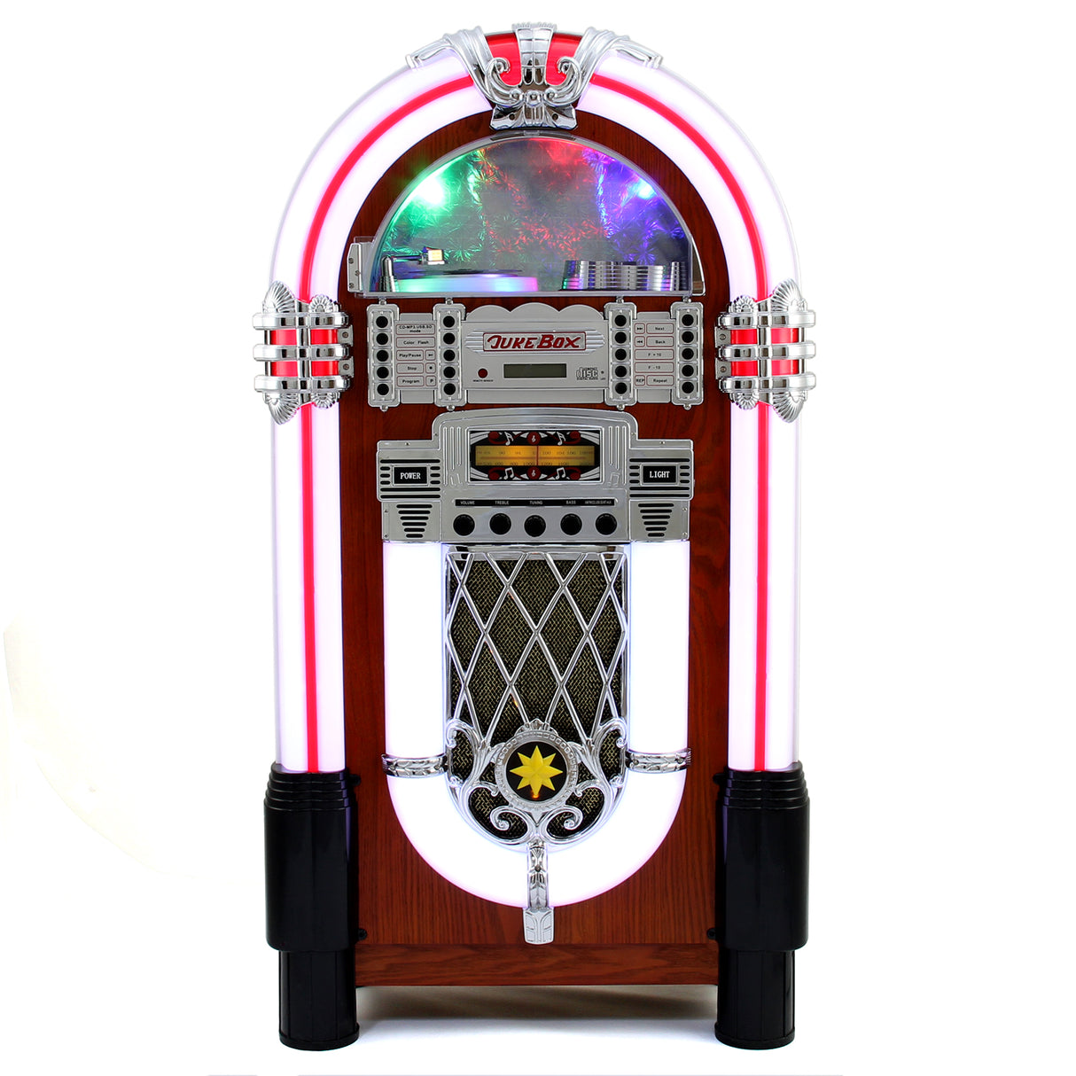 Retro-jukebox med skivspelare och CD-fodral för 40 skivor