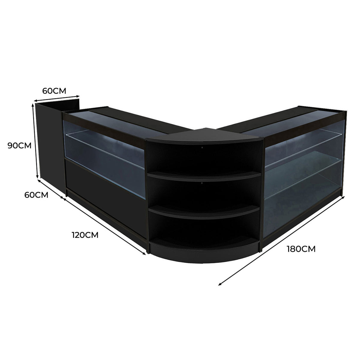 "THEIA" Set med LED-belysta Butiksmoduler LM60 + K1200 + C1200 + TB60 – Svart