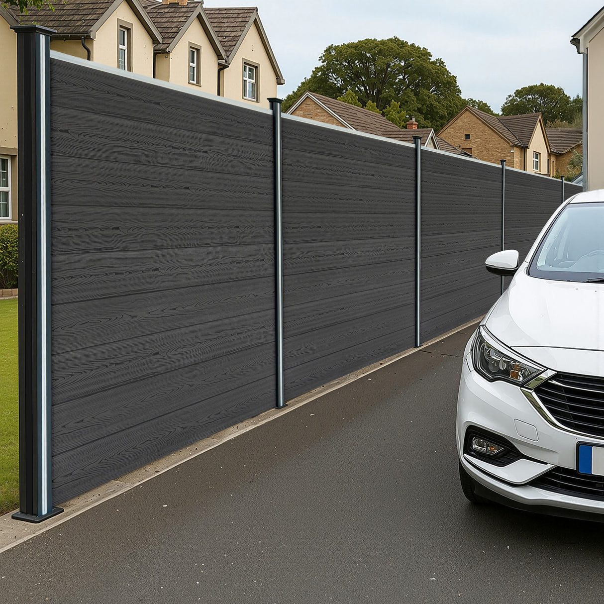 Staket för utomhusbruk i WPC och aluminium – 8x fyrkantig paneler + 1x sned panel + 9 stolpar med LED| Grå