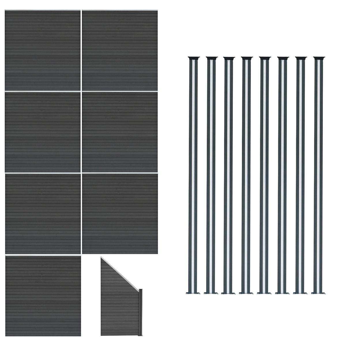 Staket för utomhusbruk i WPC och aluminium – 7x fyrkantig paneler + 1x sned panel + 8 stolpar med LED| Grå