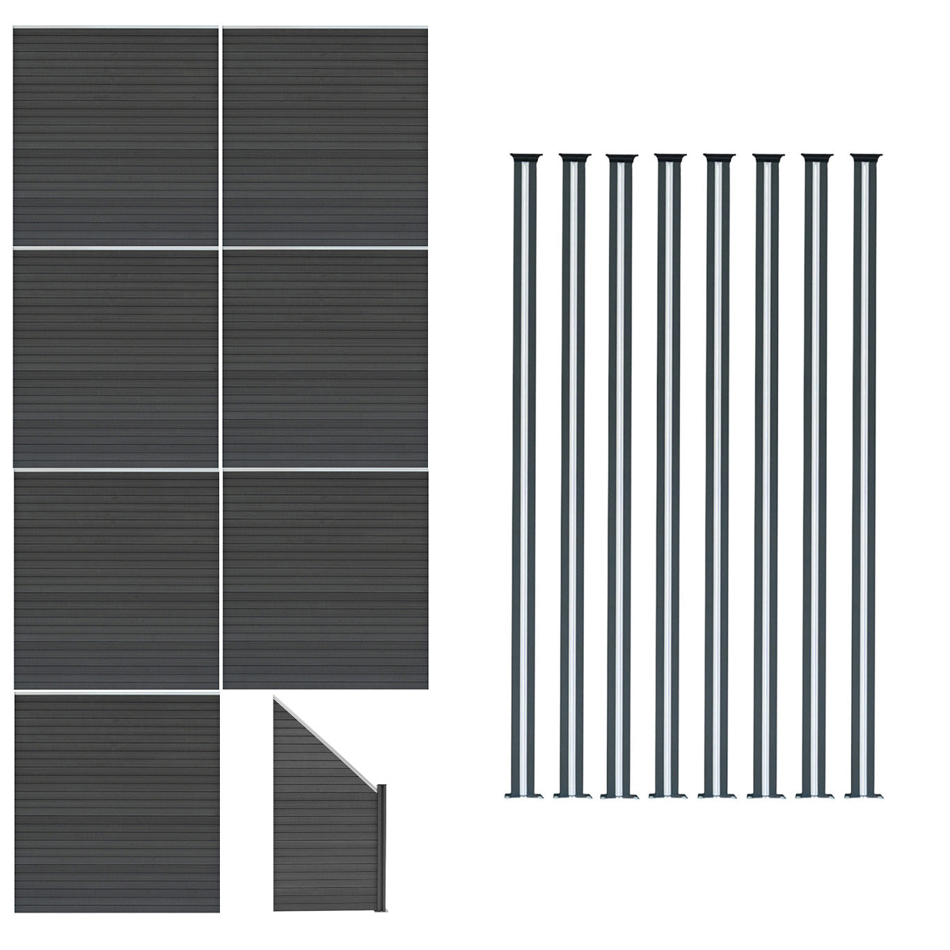 Staket för utomhusbruk i WPC och aluminium – 7x fyrkantig paneler + 1x sned panel + 8 stolpar med LED| Grå