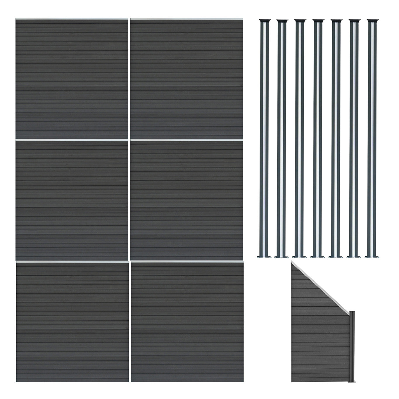 Staket för utomhusbruk i WPC och aluminium – 6x fyrkantig paneler + 1x sned panel + 7 stolpar med LED| Grå
