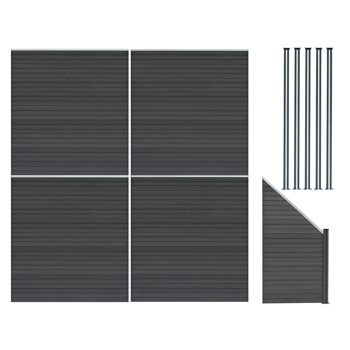Staket för utomhusbruk i WPC och aluminium – 4x fyrkantig paneler + 1x sned panel + 5 stolpar med LED| Grå