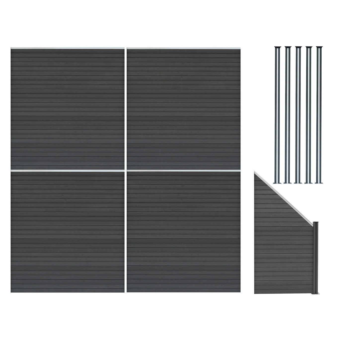 Staket för utomhusbruk i WPC och aluminium – 4x fyrkantig paneler + 1x sned panel + 5 stolpar med LED| Grå