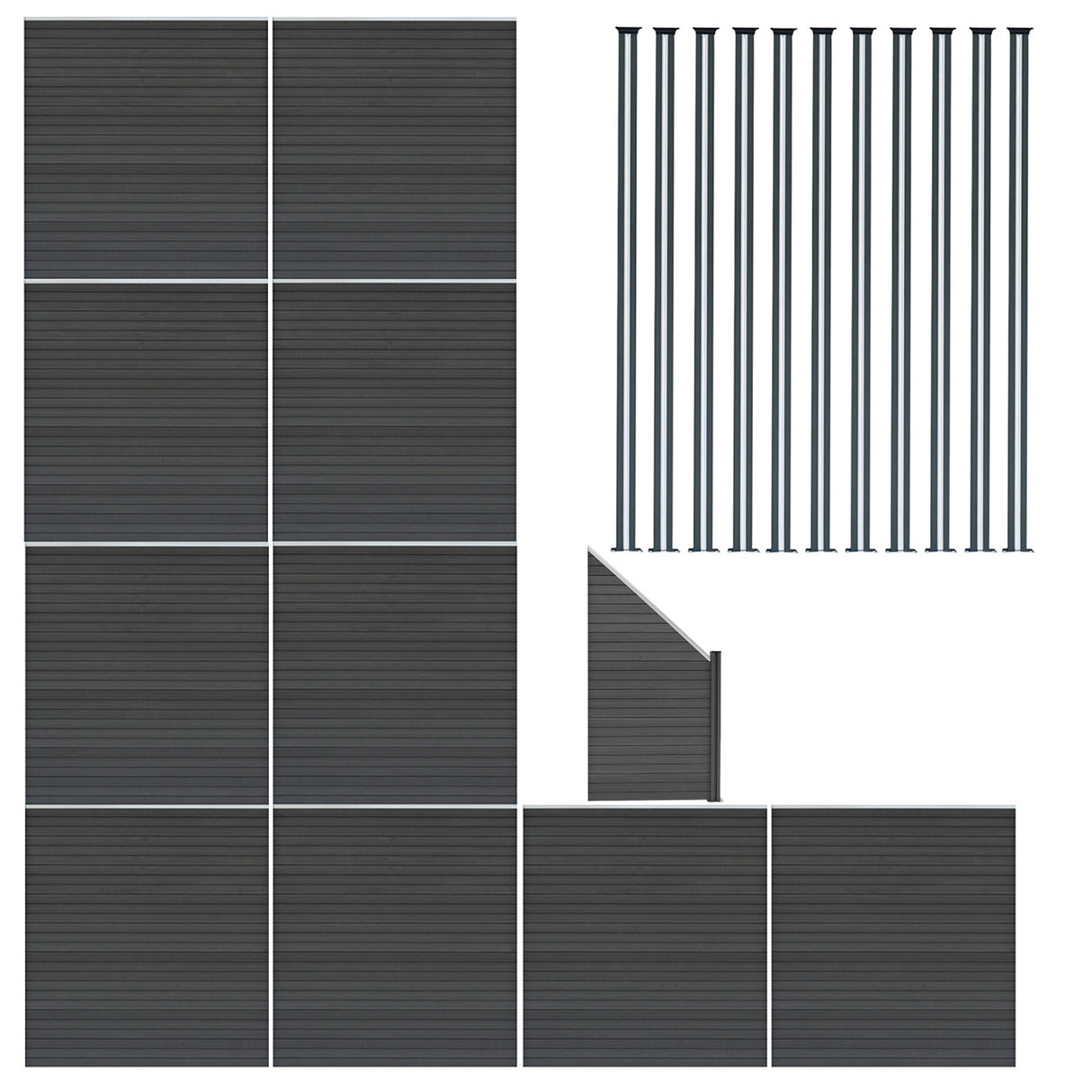 Staket för utomhusbruk i WPC och aluminium – 10x fyrkantig paneler + 1x sned panel + 11 stolpar med LED| Grå