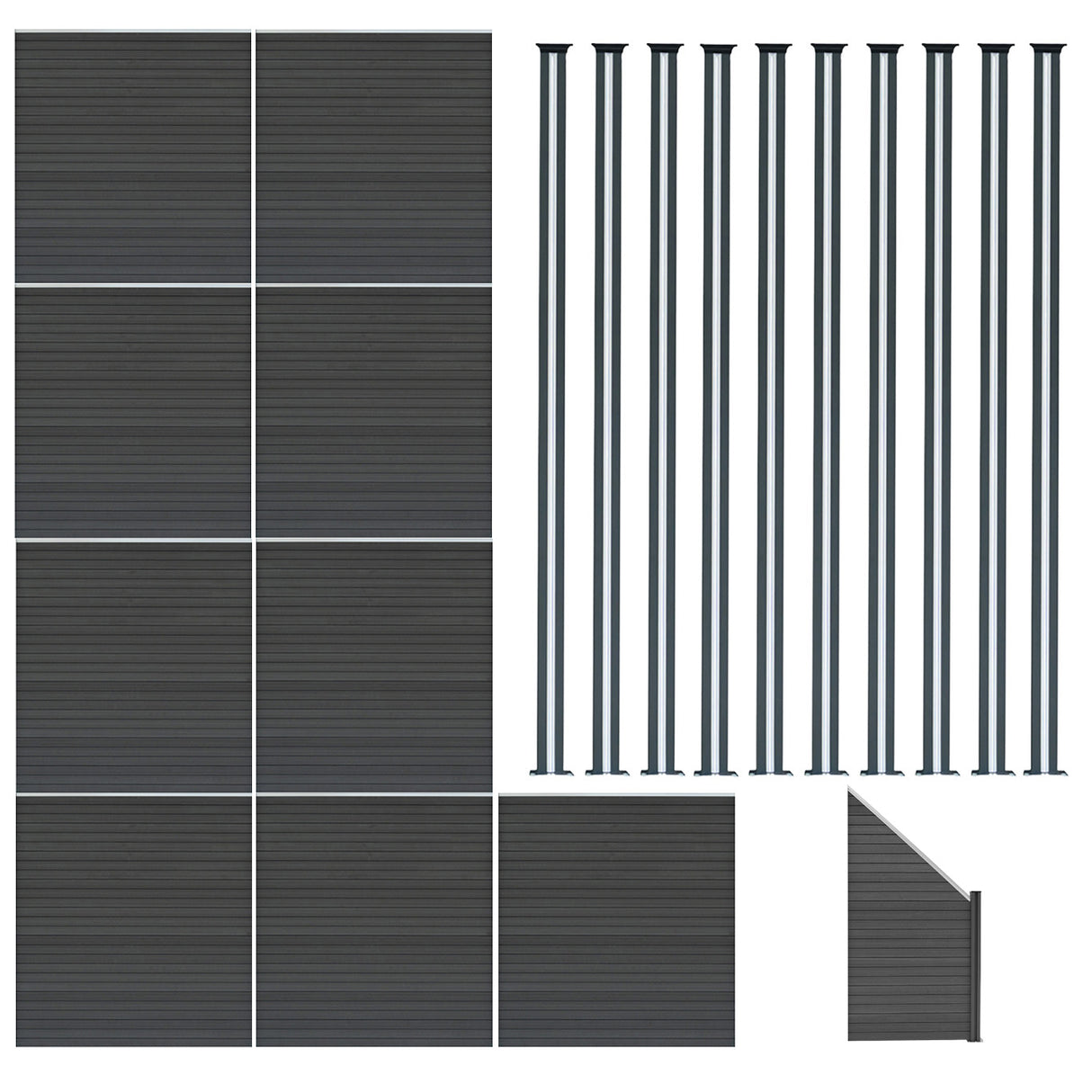 Staket för utomhusbruk i WPC och aluminium – 9x fyrkantig paneler + 1x sned panel + 10 stolpar med LED| Grå