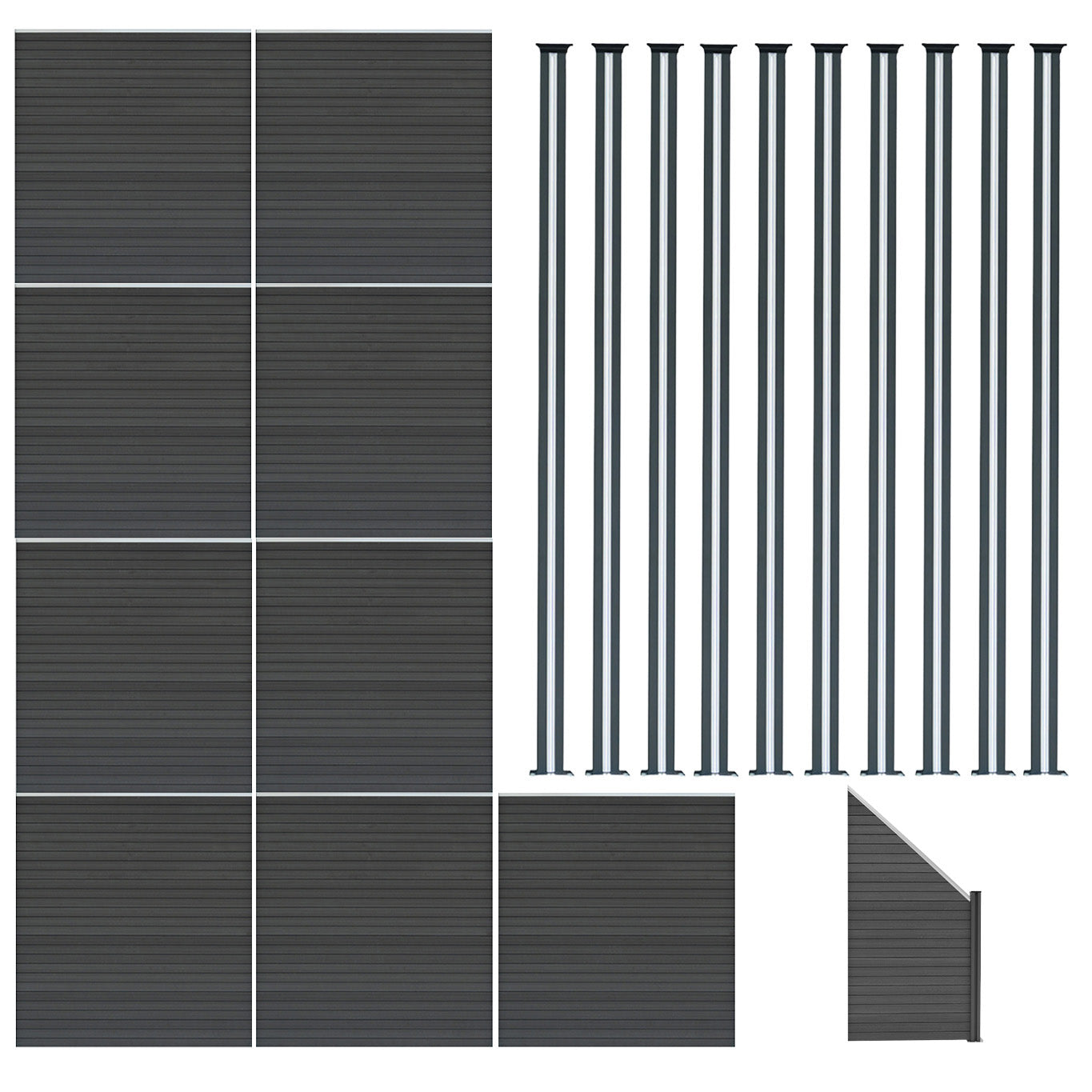 Staket för utomhusbruk i WPC och aluminium – 9x fyrkantig paneler + 1x sned panel + 10 stolpar med LED| Grå