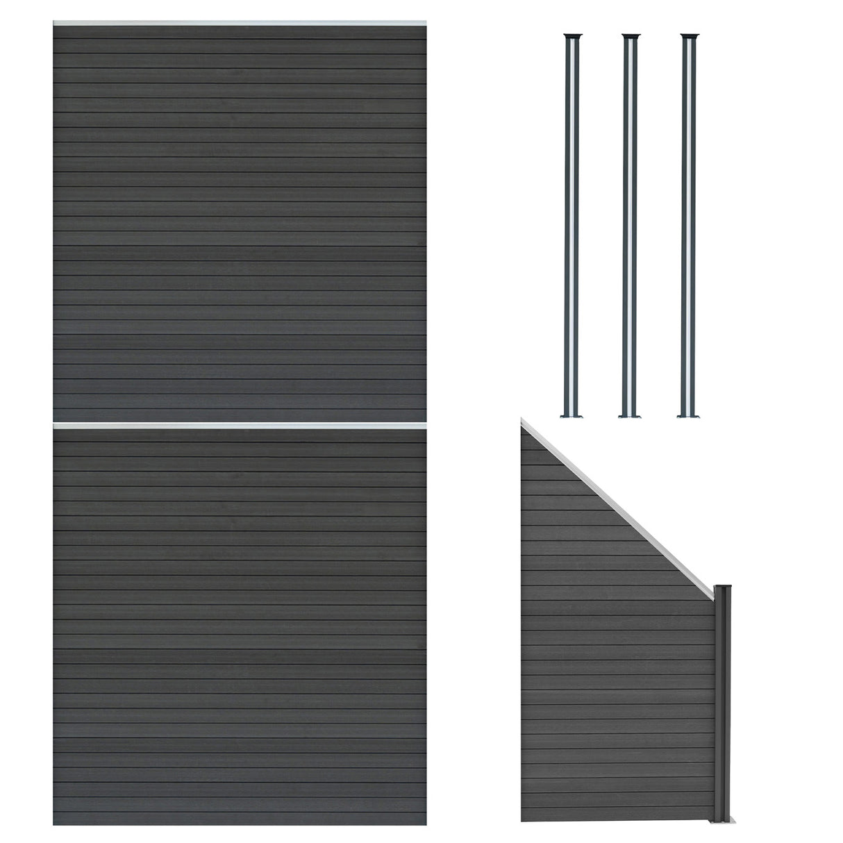Staket för utomhusbruk i WPC och aluminium – 2x fyrkantig paneler + 1x sned panel + 3 stolpar med LED| Grå