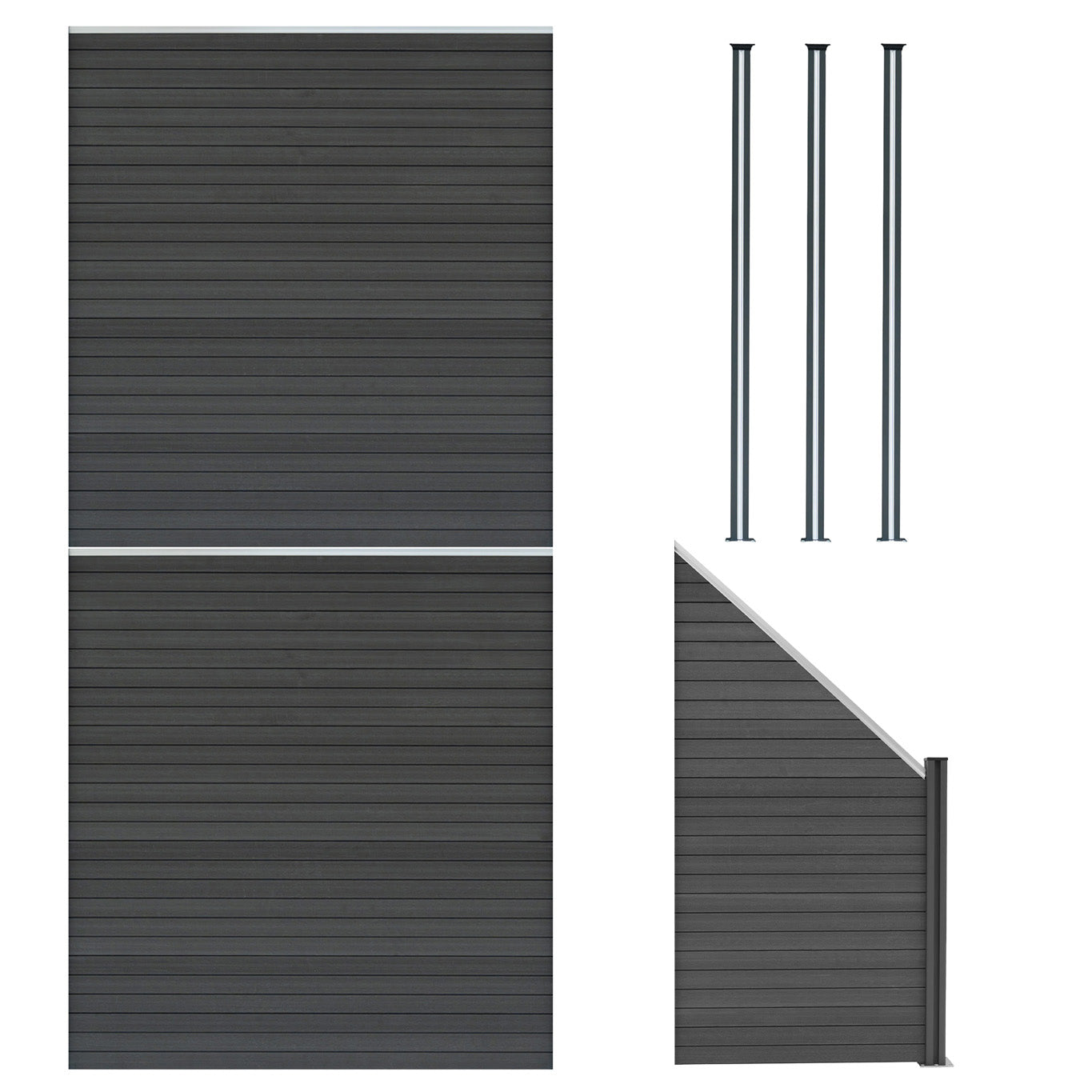 Staket för utomhusbruk i WPC och aluminium – 2x fyrkantig paneler + 1x sned panel + 3 stolpar med LED| Grå