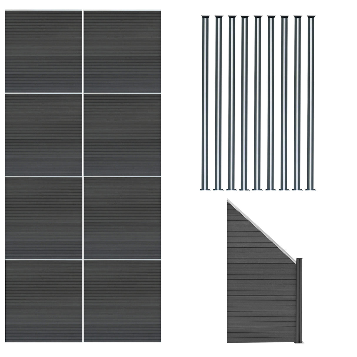 Staket för utomhusbruk i WPC och aluminium – 8x fyrkantig paneler + 1x sned panel + 9 stolpar med LED| Grå