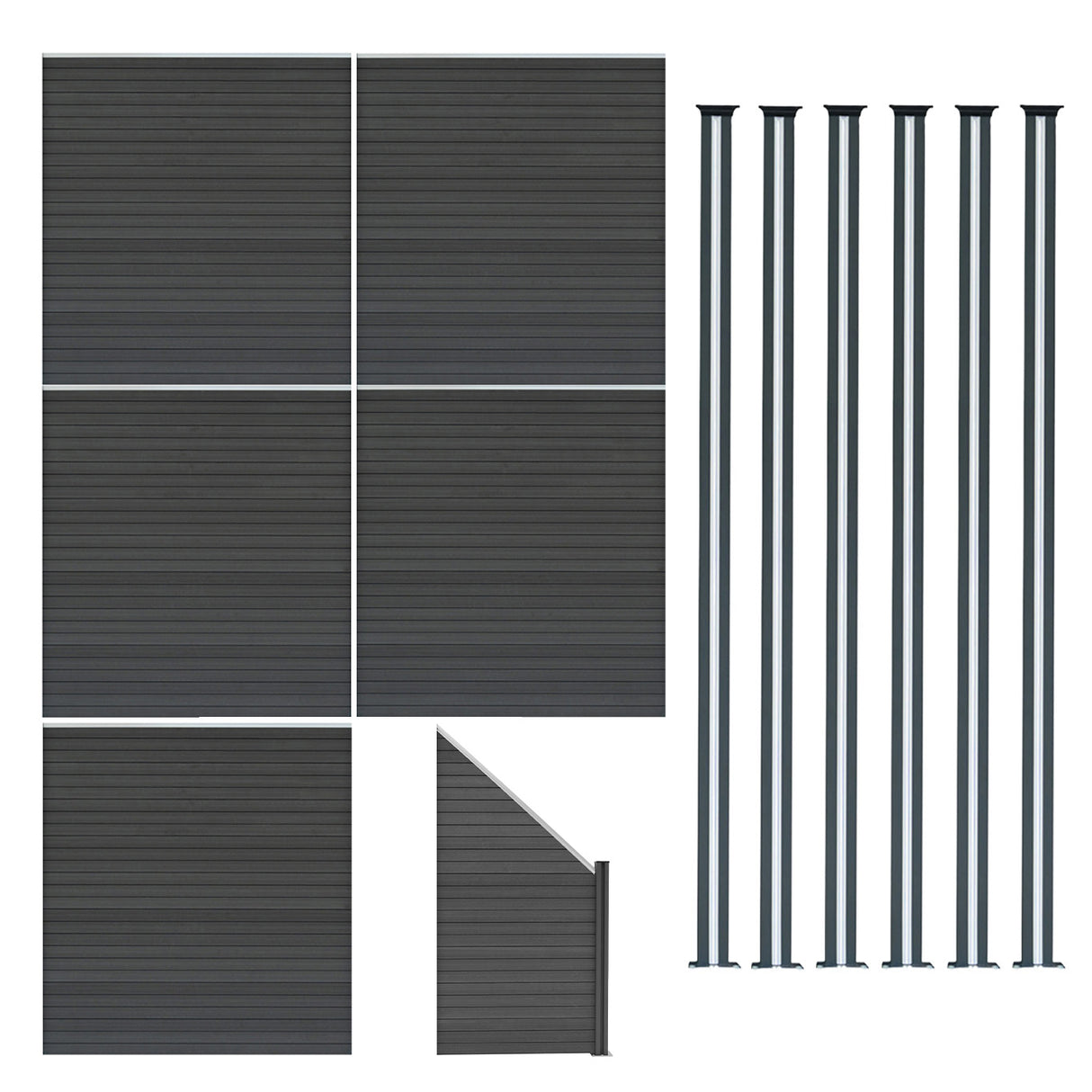 Staket för utomhusbruk i WPC och aluminium – 5x fyrkantig paneler + 1x sned panel + 6 stolpar med LED| Grå
