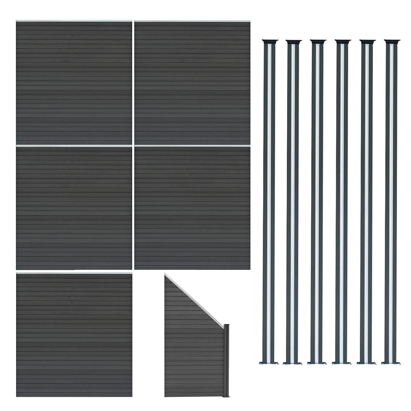 Staket för utomhusbruk i WPC och aluminium – 5x fyrkantig paneler + 1x sned panel + 6 stolpar med LED| Grå