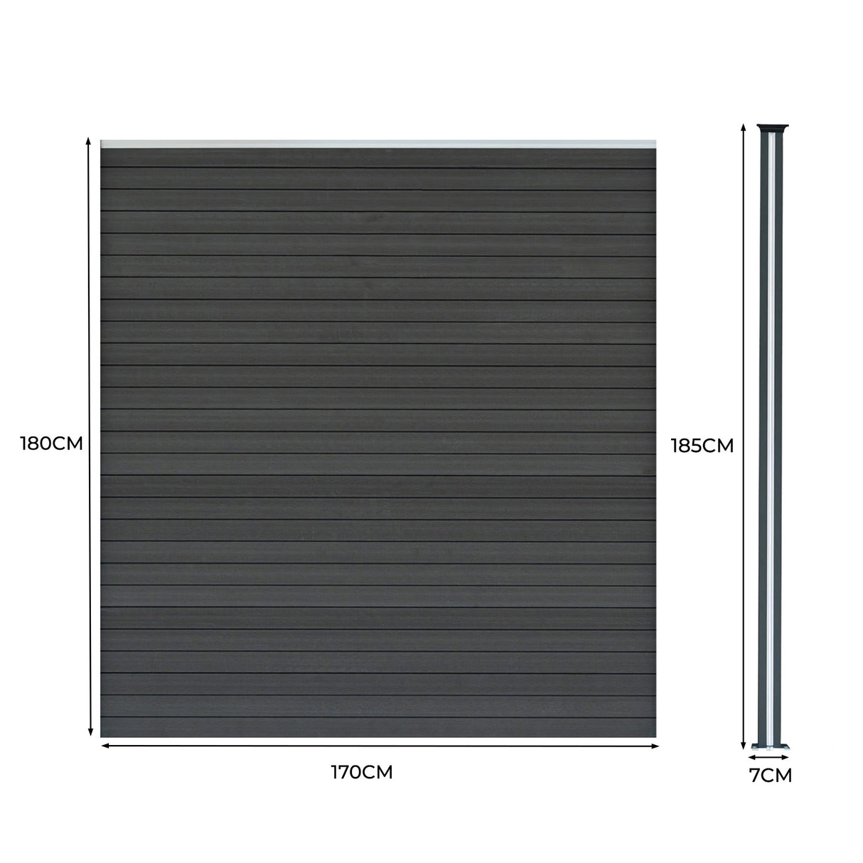 Staket för utomhusbruk i WPC och aluminium – 5x fyrkantig paneler + 1x sned panel + 6 stolpar med LED| Grå