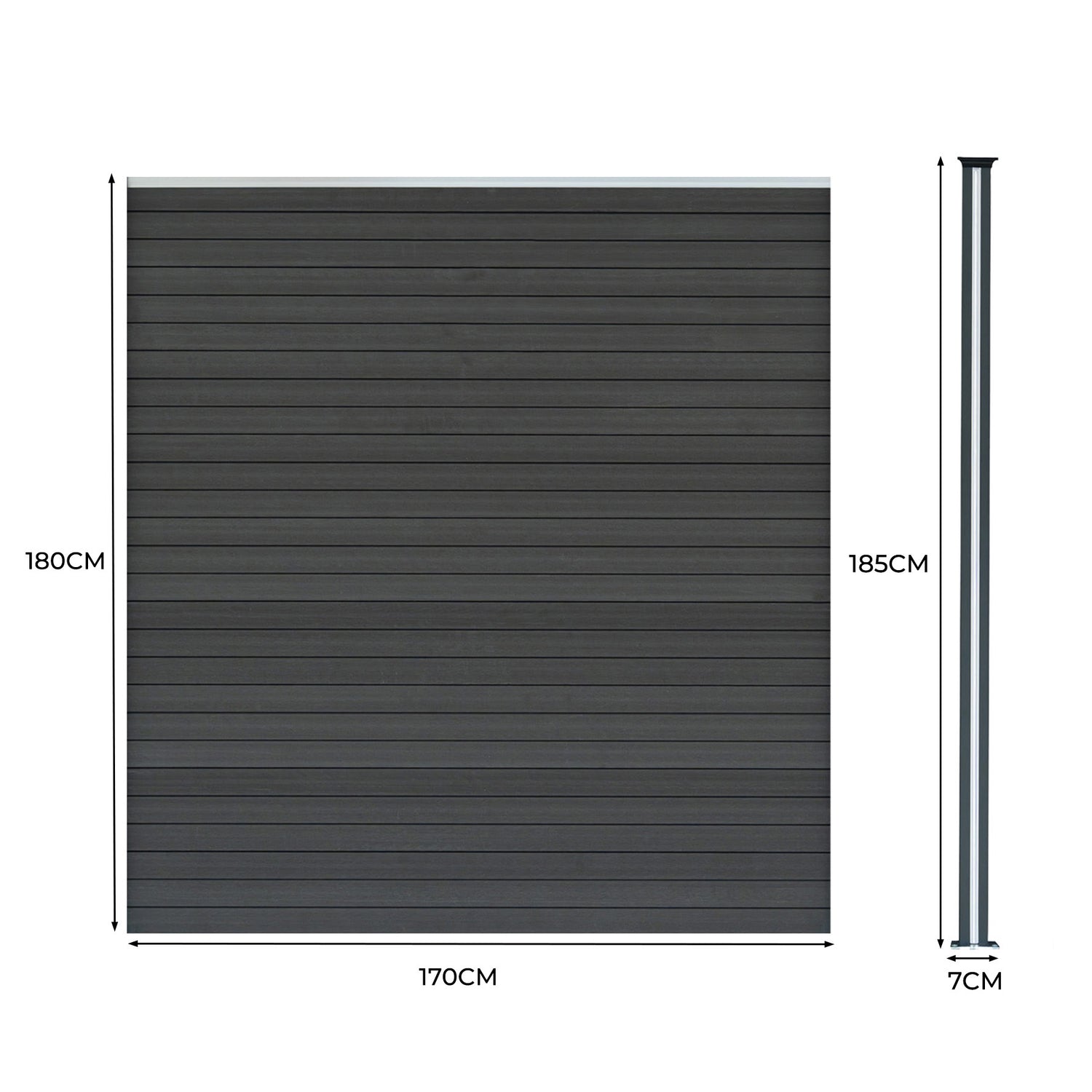 Staket för utomhusbruk i WPC och aluminium – 4x fyrkantig paneler + 1x sned panel + 5 stolpar med LED| Grå