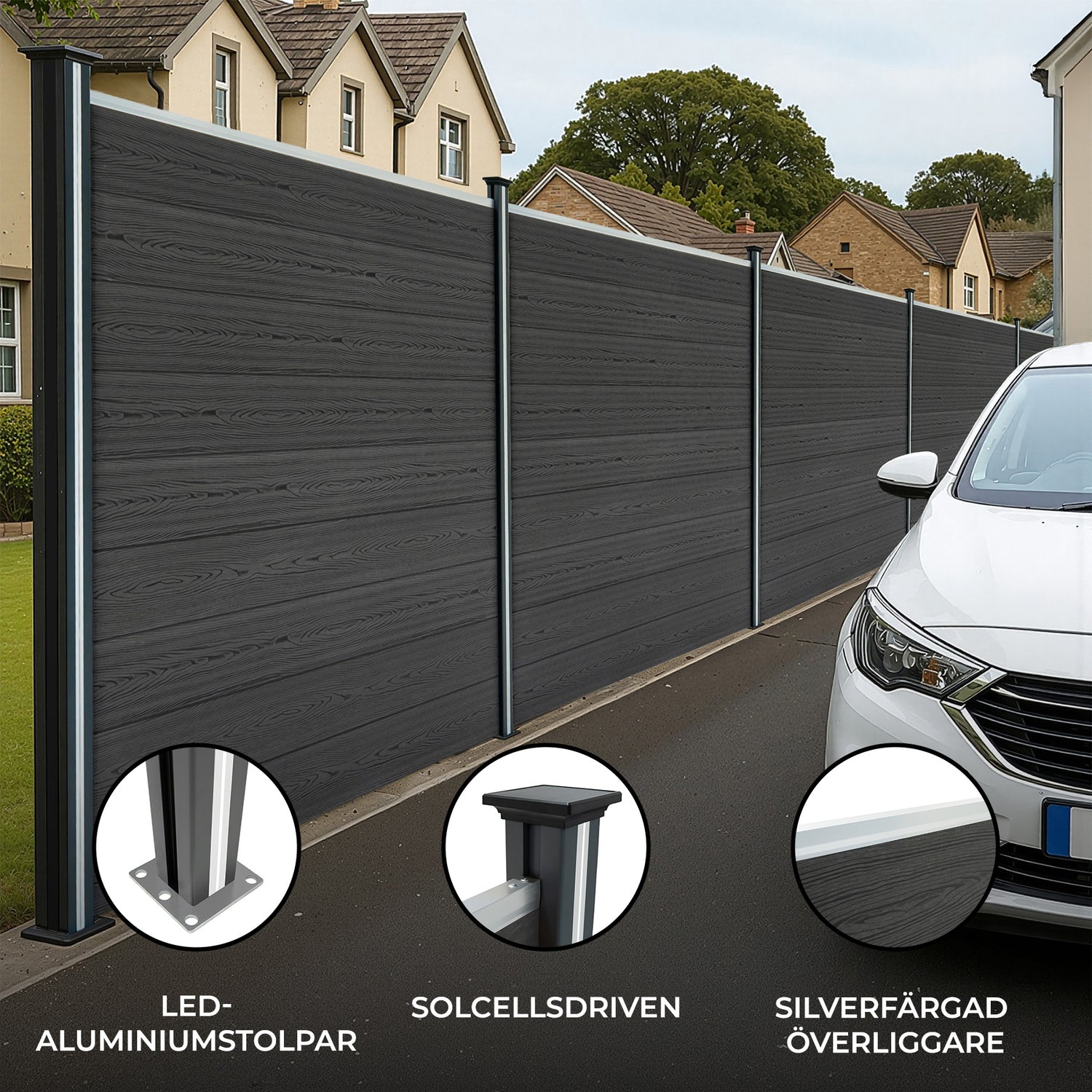 Staket för utomhusbruk i WPC och aluminium – 3x fyrkantig paneler + 1x sned panel + 4 stolpar med LED| Grå