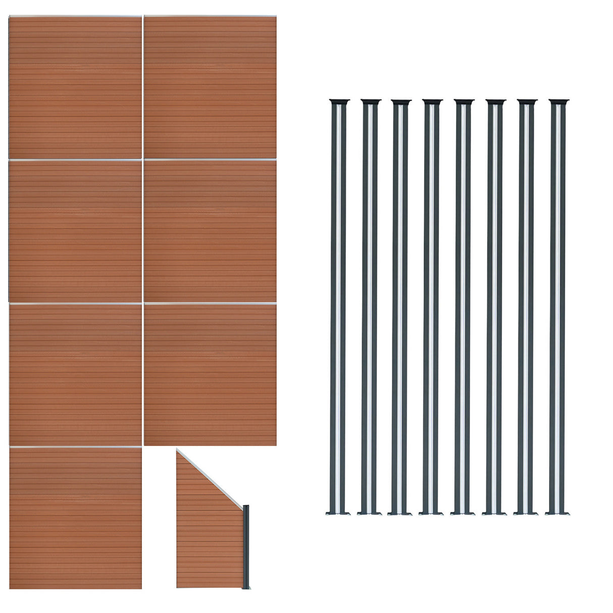 Staket för utomhusbruk i WPC och aluminium – 7x fyrkantig paneler + 1x sned panel + 8 stolpar med LED| Brun