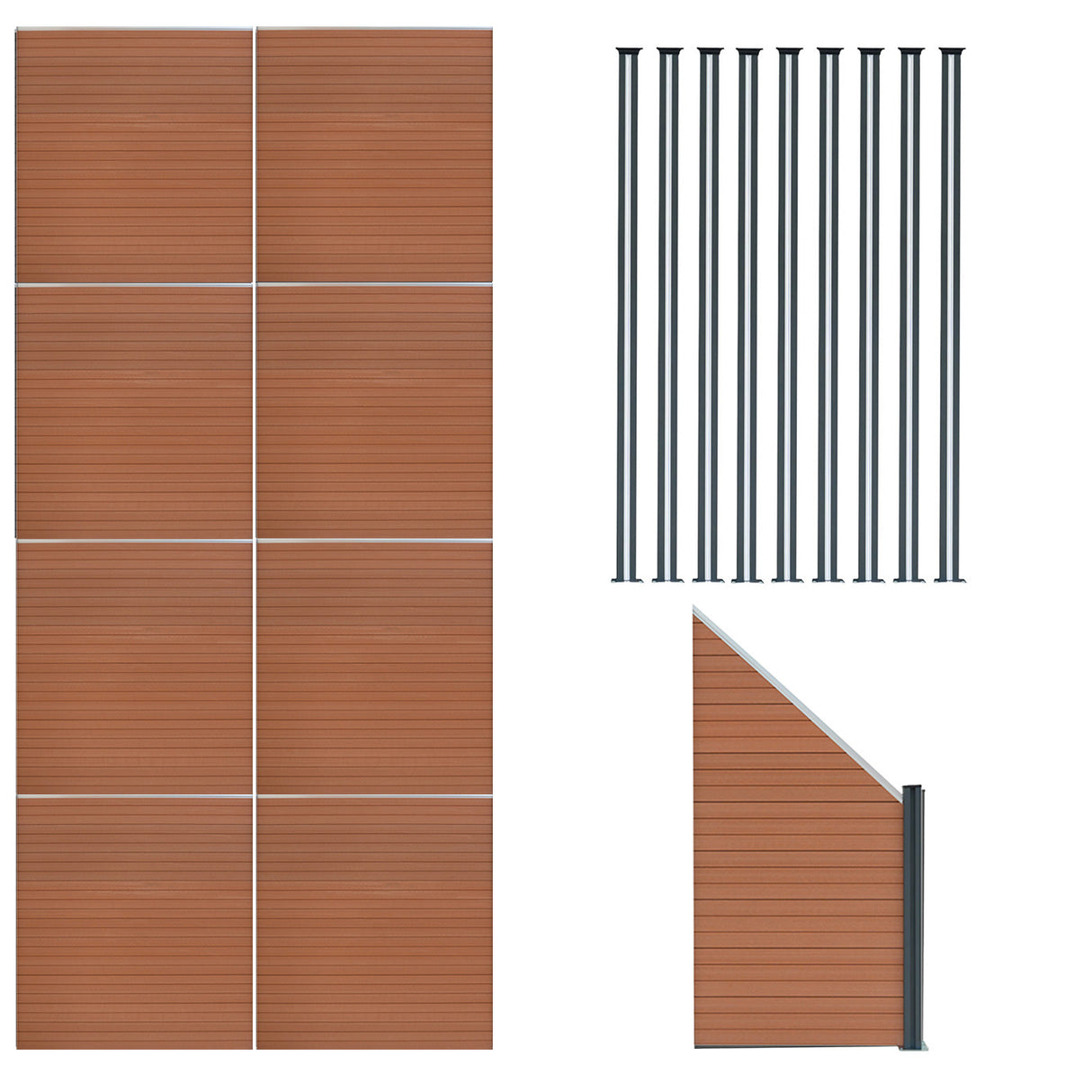 Staket för utomhusbruk i WPC och aluminium – 8x fyrkantig paneler + 1x sned panel + 9 stolpar med LED| Brun