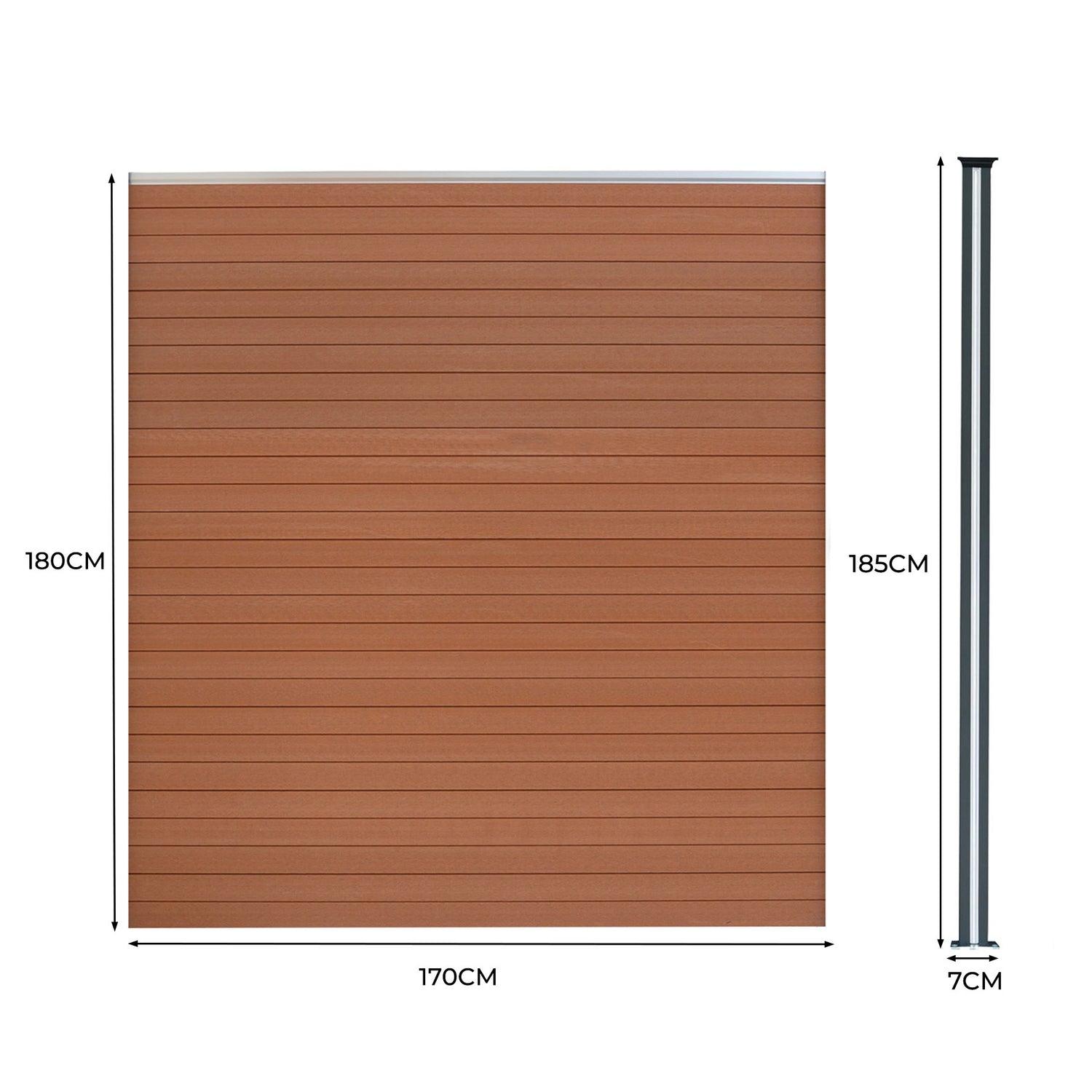 Staket för utomhusbruk i WPC och aluminium – 1x fyrkantig panel + 1x sned panel + 2 stolpar med LED| Brun