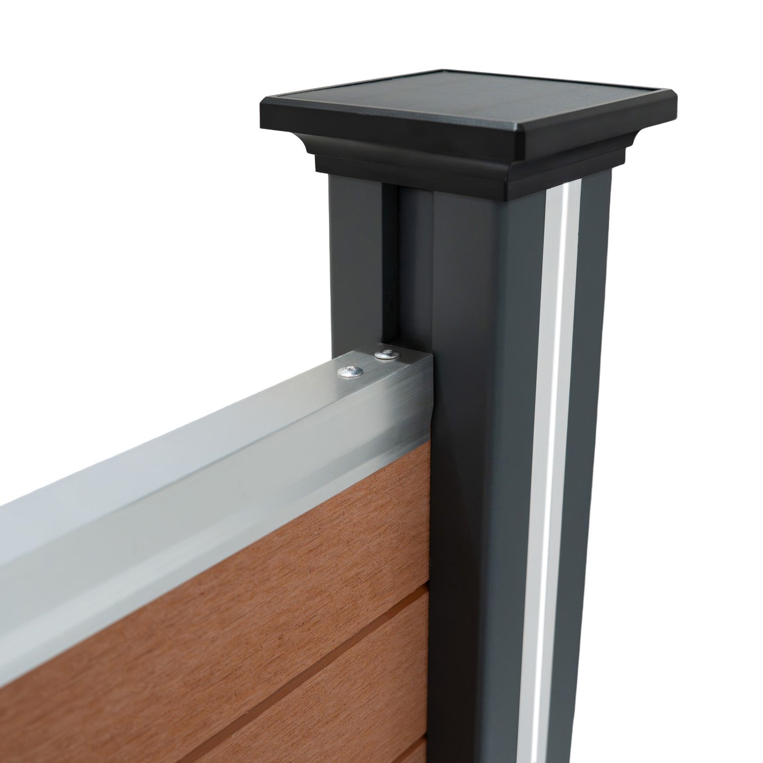 Staket för utomhusbruk i WPC och aluminium – 3x fyrkantig paneler + 1x sned panel + 4 stolpar med LED| Brun