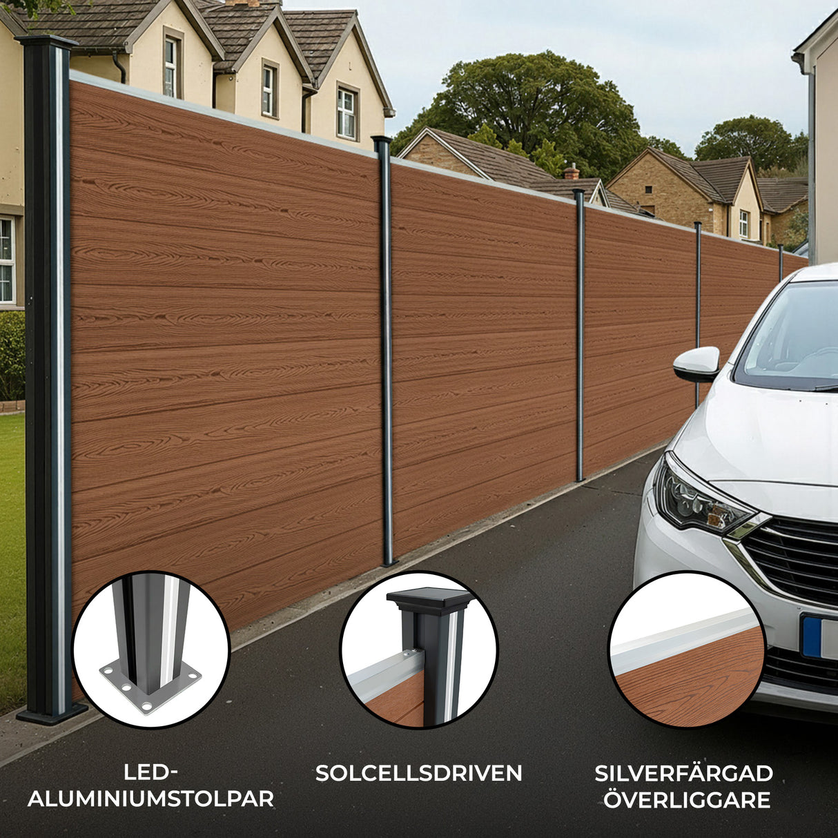 Staket för utomhusbruk i WPC och aluminium – 7x fyrkantig paneler + 1x sned panel + 8 stolpar med LED| Brun