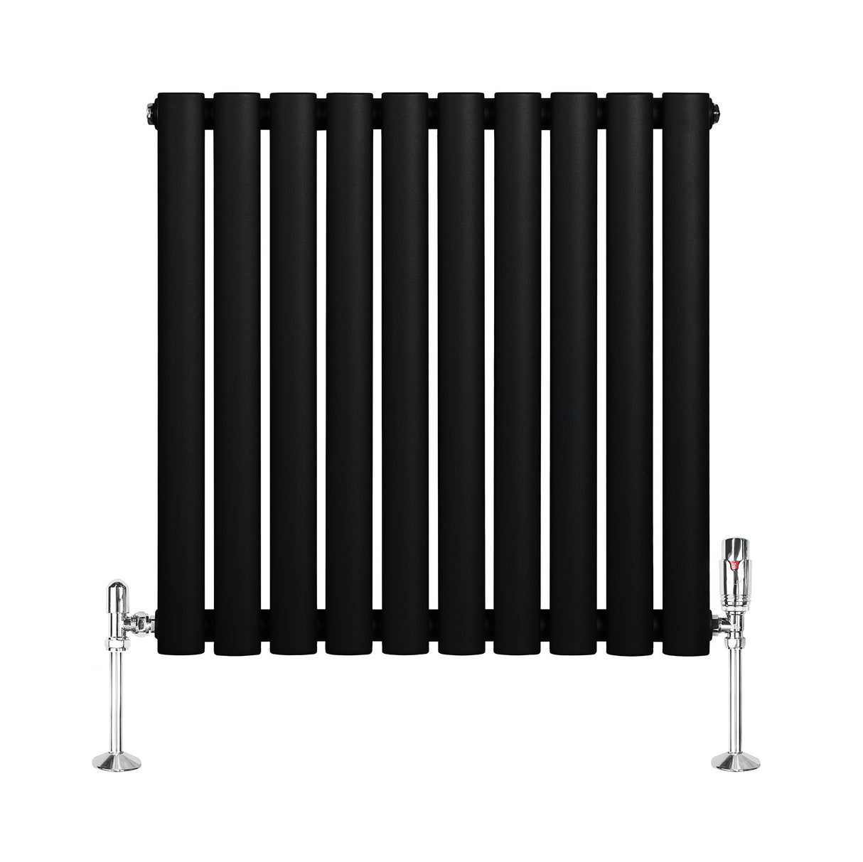 Oval svart enkelkolonnsradiator med sju vertikala ribbor och glänsande ventiler, mått 600 mm x 600 mm, stilren design