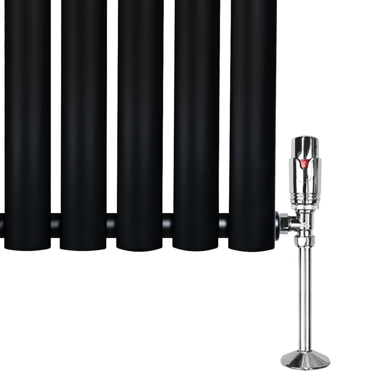 Oval svart enkelkolonnsradiator med släta, runda sektioner och glänsande kromventil, mått 600 mm x 600 mm