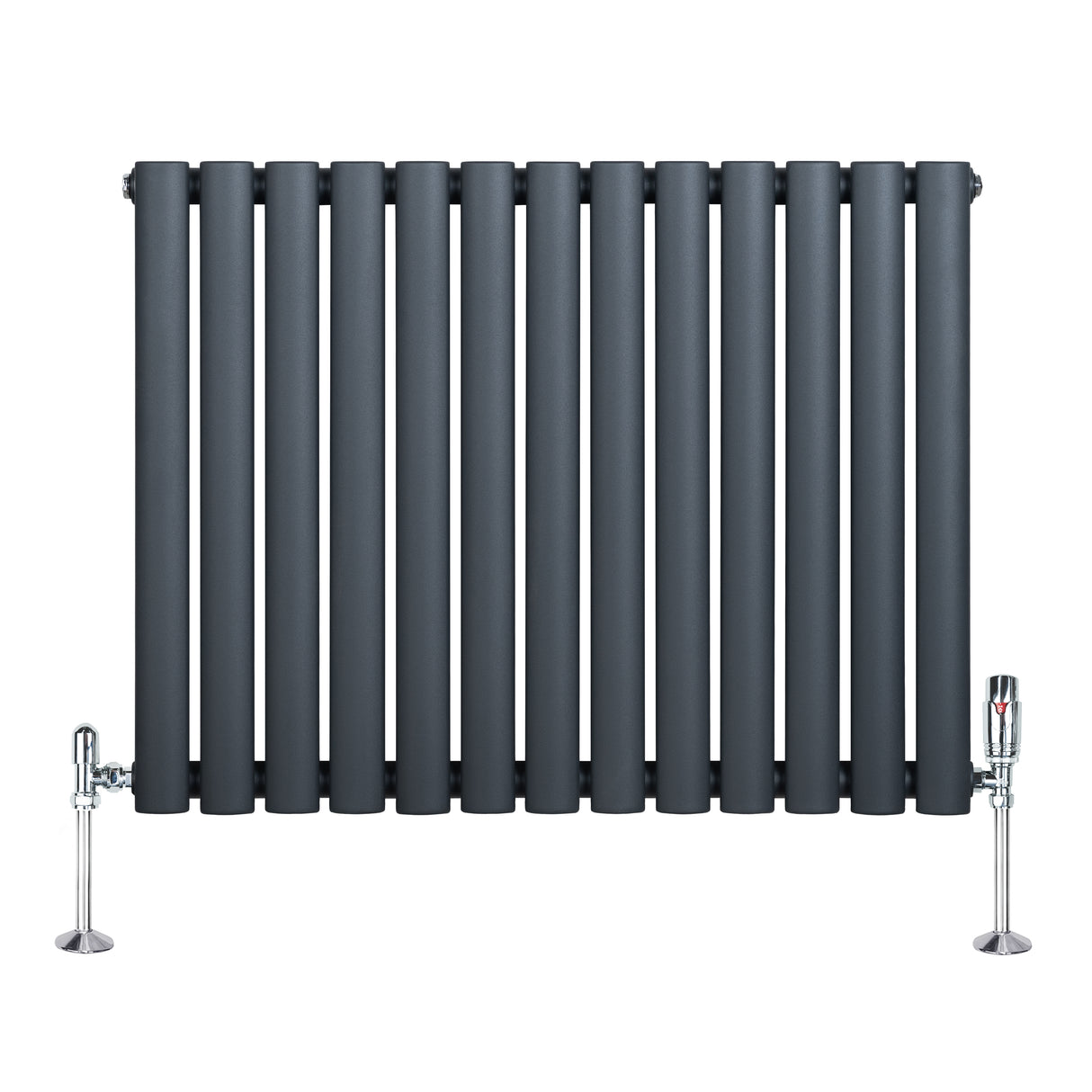 Oval enkelkolonnsradiator i antracitgrå med släta, runda ribbor och kromade ventiler, mått 600 mm x 780 mm