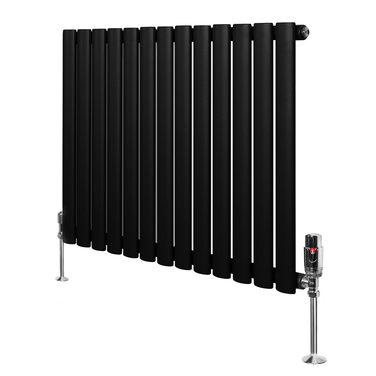 Oval svart enkelkolonnsradiator med släta, rektangulära sektioner och glänsande ventiler, 600 mm x 780 mm, elegant design