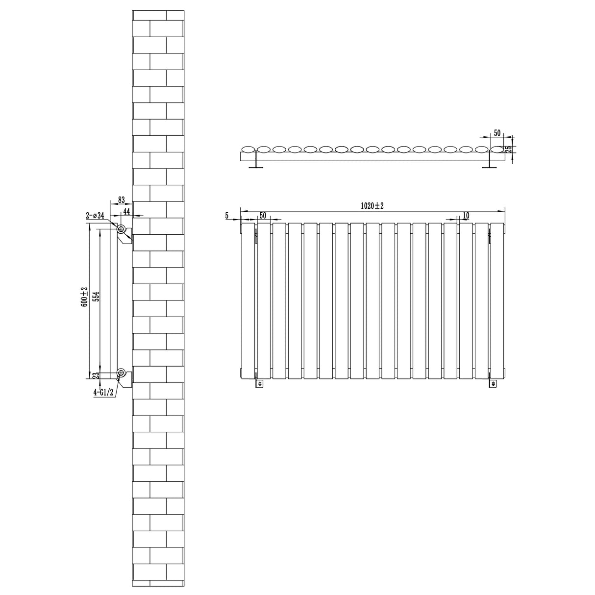 Oval svart enkelkolonnsradiator med ventiler, mått 600 mm x 1020 mm, visar detaljerad design och strukturell form