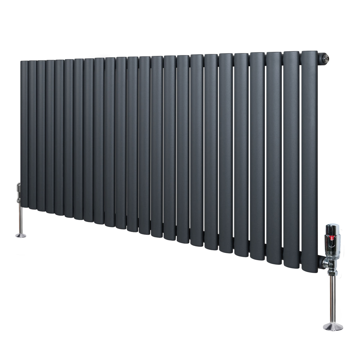 Oval enkelkolonnsradiator i antracitgrå med släta, runda ribbor och ventiler, mått 600 mm x 1440 mm, modern design