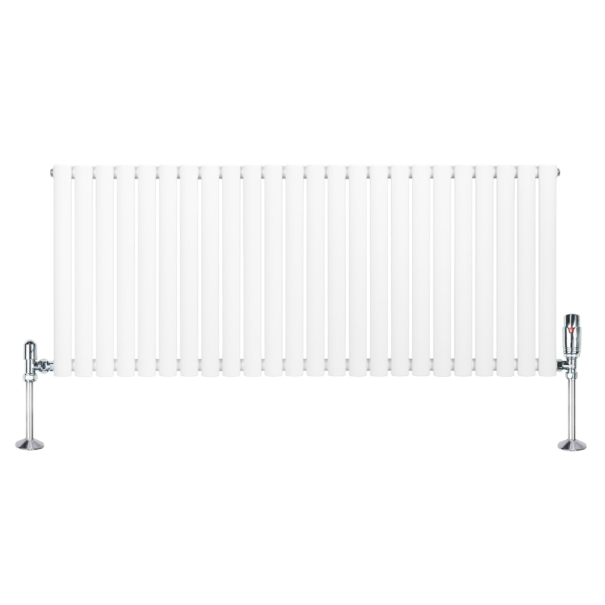 Oval vit enkelpelarradiator med släta, vertikala ribbor och glänsande ventiler, mått 600 mm x 1440 mm, perfekt för inredning