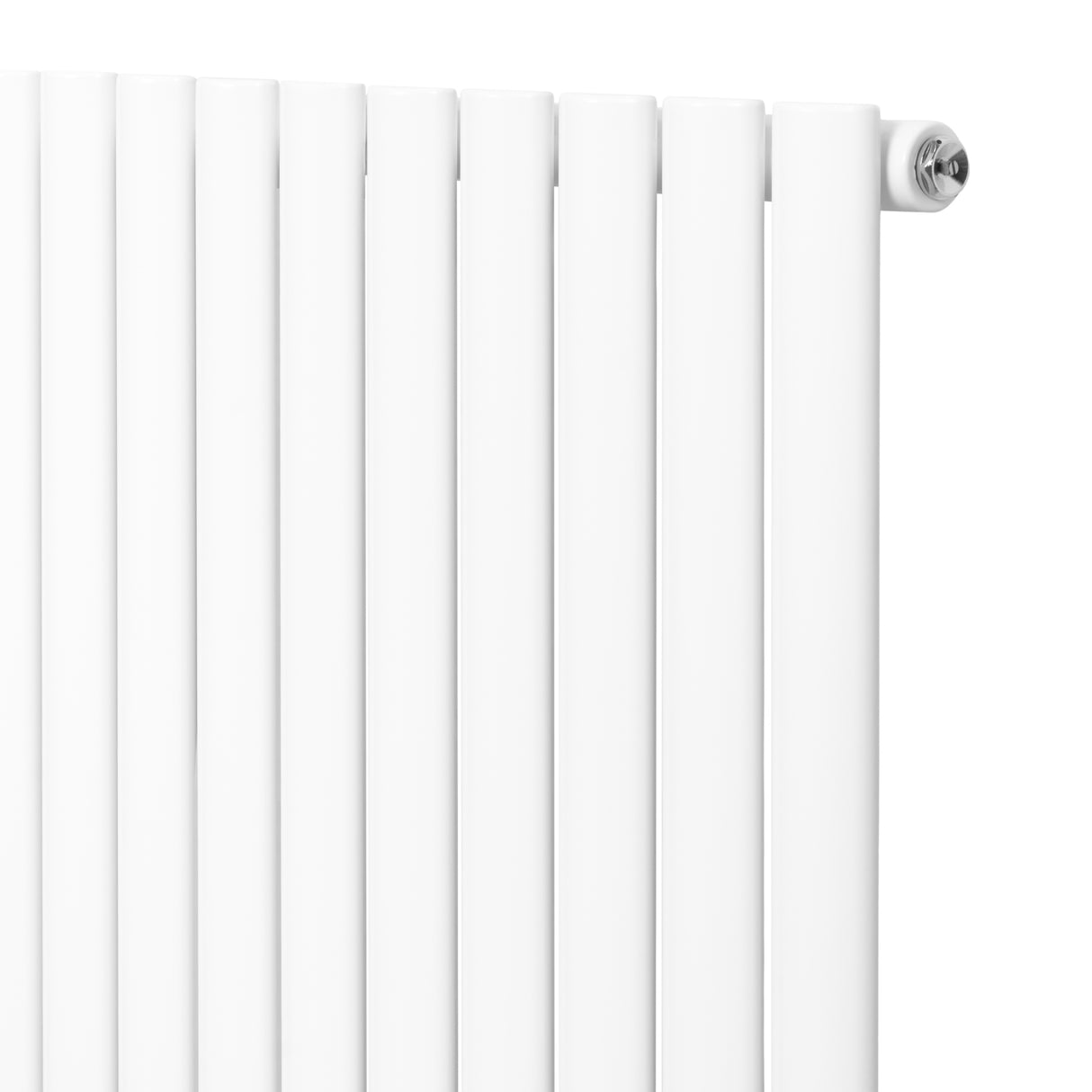 Oval enkelpelarradiator i vit färg, 600 mm x 1620 mm, med släta, vertikala lameller och en rund ventil i metall