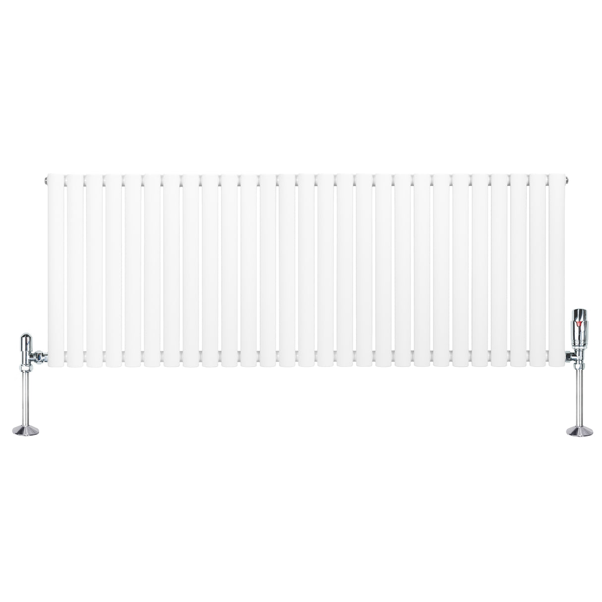 Oval vit enkelpelarradiator med släta ytor och kromade ventiler, mått 600 mm x 1620 mm, perfekt för effektiv uppvärmning