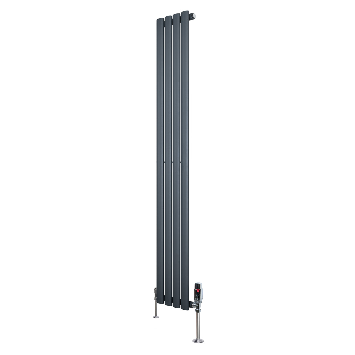 Oval enkelkolonnsradiator i antracitgrå, 1600 mm x 240 mm, med släta, vertikala paneler och synliga ventiler i metall