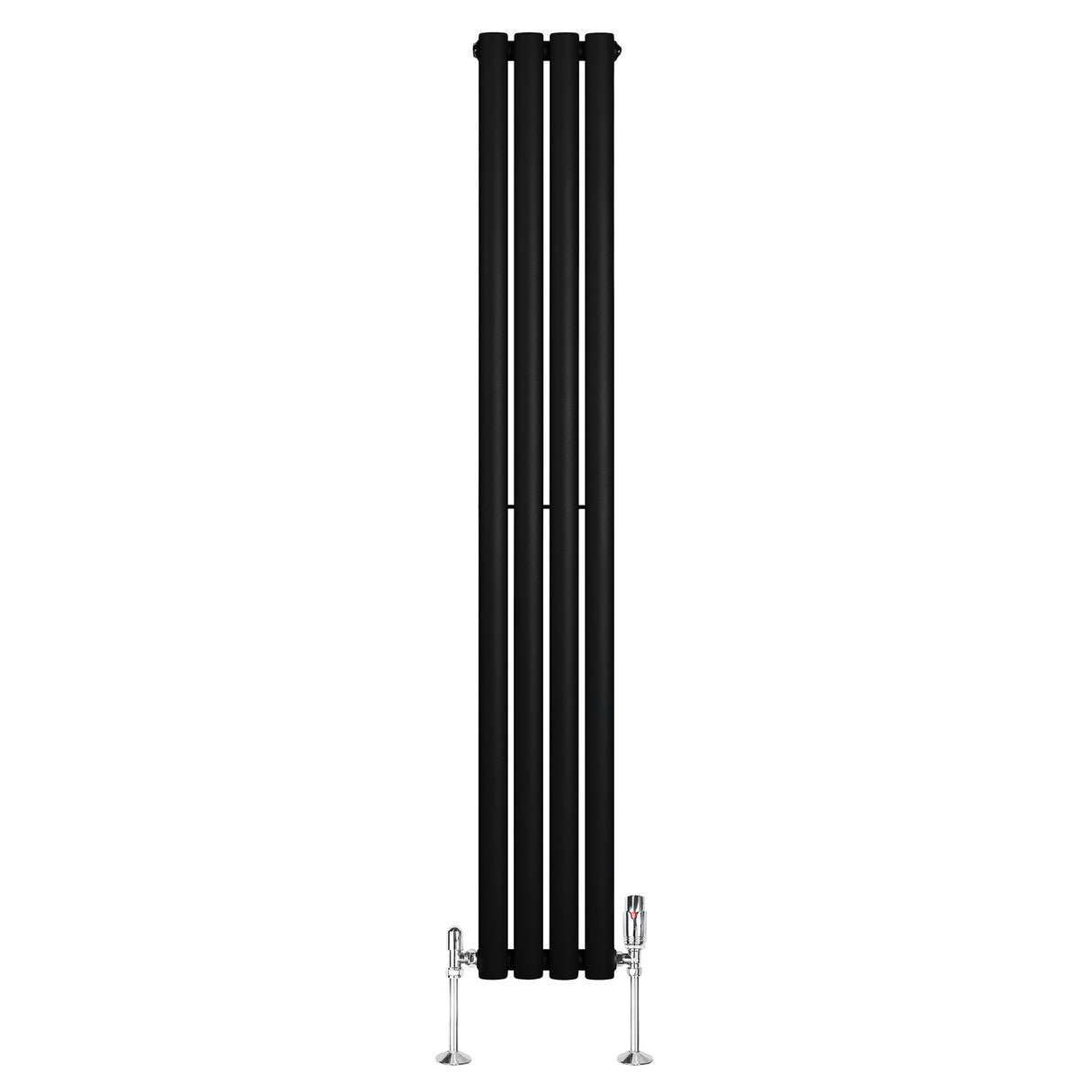 Svart oval enkelkolonnsradiator med fyra vertikala sektioner och glänsande ventiler, perfekt för modern inredning och effektiv uppvärmning