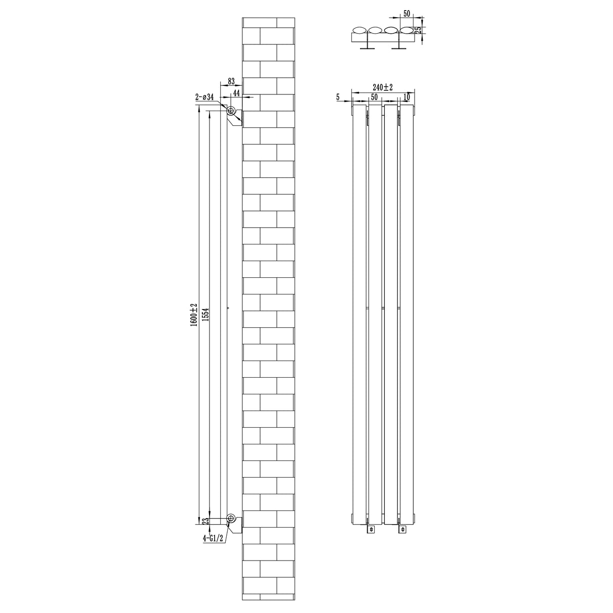 Oval svart enkelkolonnsradiator med ventiler, mått 1600 mm x 240 mm, stilren design och slät yta för modern inredning