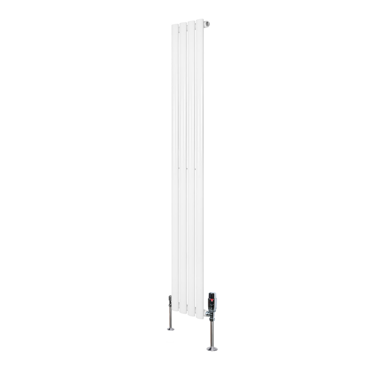 Oval vit enkelkolonnsradiator med släta ytor, 1600 mm lång och 240 mm bred, utrustad med ventiler för effektiv värme