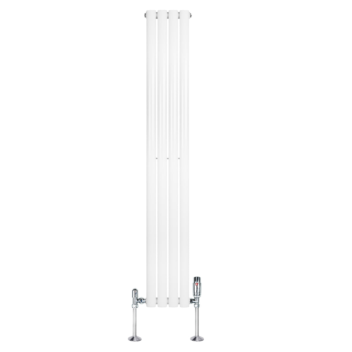 Oval vit enkelkolonnsradiator med släta ytor och två ventiler, 1600 mm hög och 240 mm bred, perfekt för moderna hem