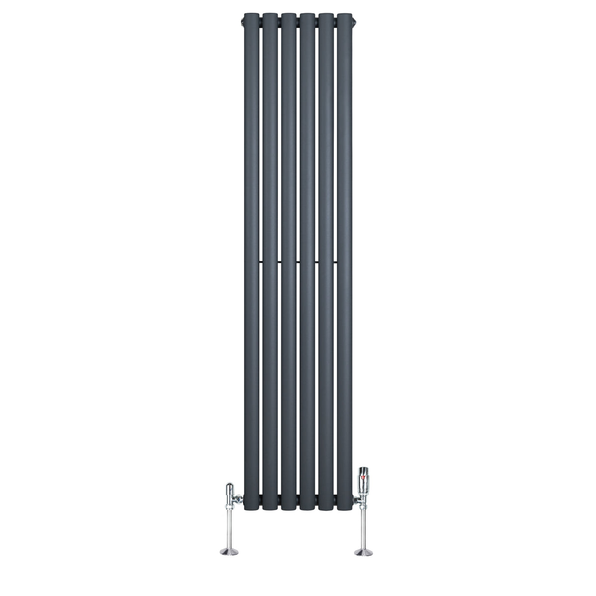 Oval enkelkolonnsradiator i antracitgrå med släta ytor och fem vertikala sektioner, utrustad med ventiler i krom