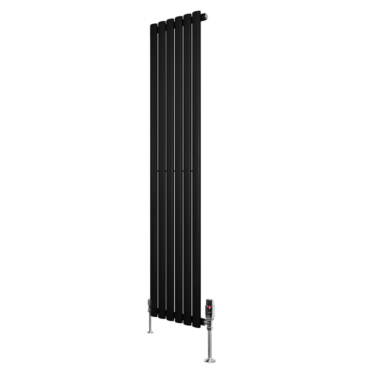 Oval svart enkelkolonnsradiator med släta ytor och moderna ventiler, mått 1600 mm x 360 mm, elegant och stilren design
