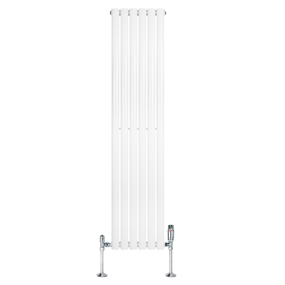 Vit oval enkelpelarradiator med släta ytor och kromade ventiler, 1600 mm hög och 360 mm bred, perfekt för moderna hem
