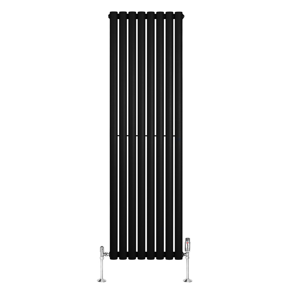 Svart oval enkelkolonnsradiator med sju vertikala ribbor och silverfärgade ventiler, mått 1600 mm x 480 mm