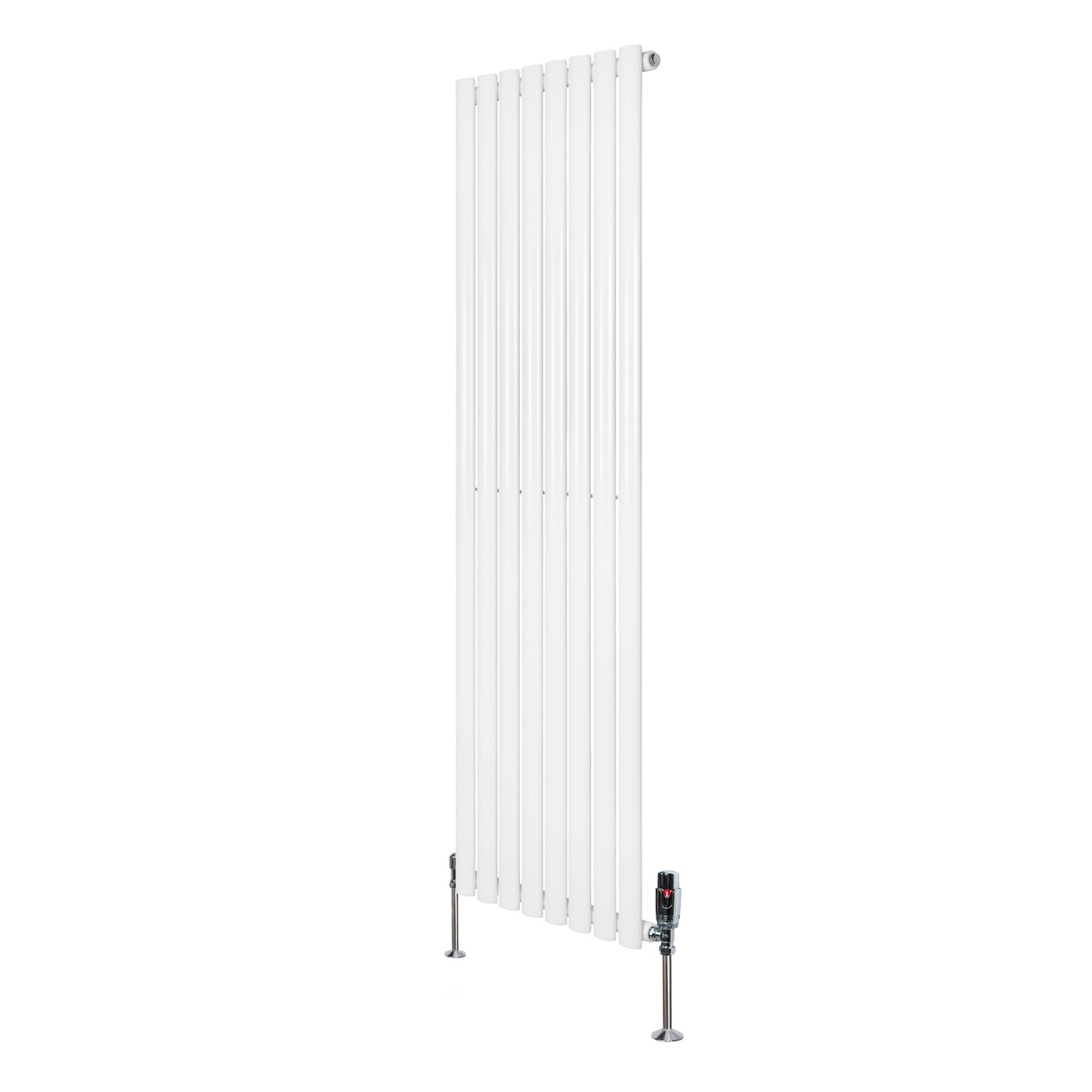 Oval vit enkelpelarradiator med släta ytor, 1600 mm x 480 mm, och ventiler i metall, perfekt för modern inredning
