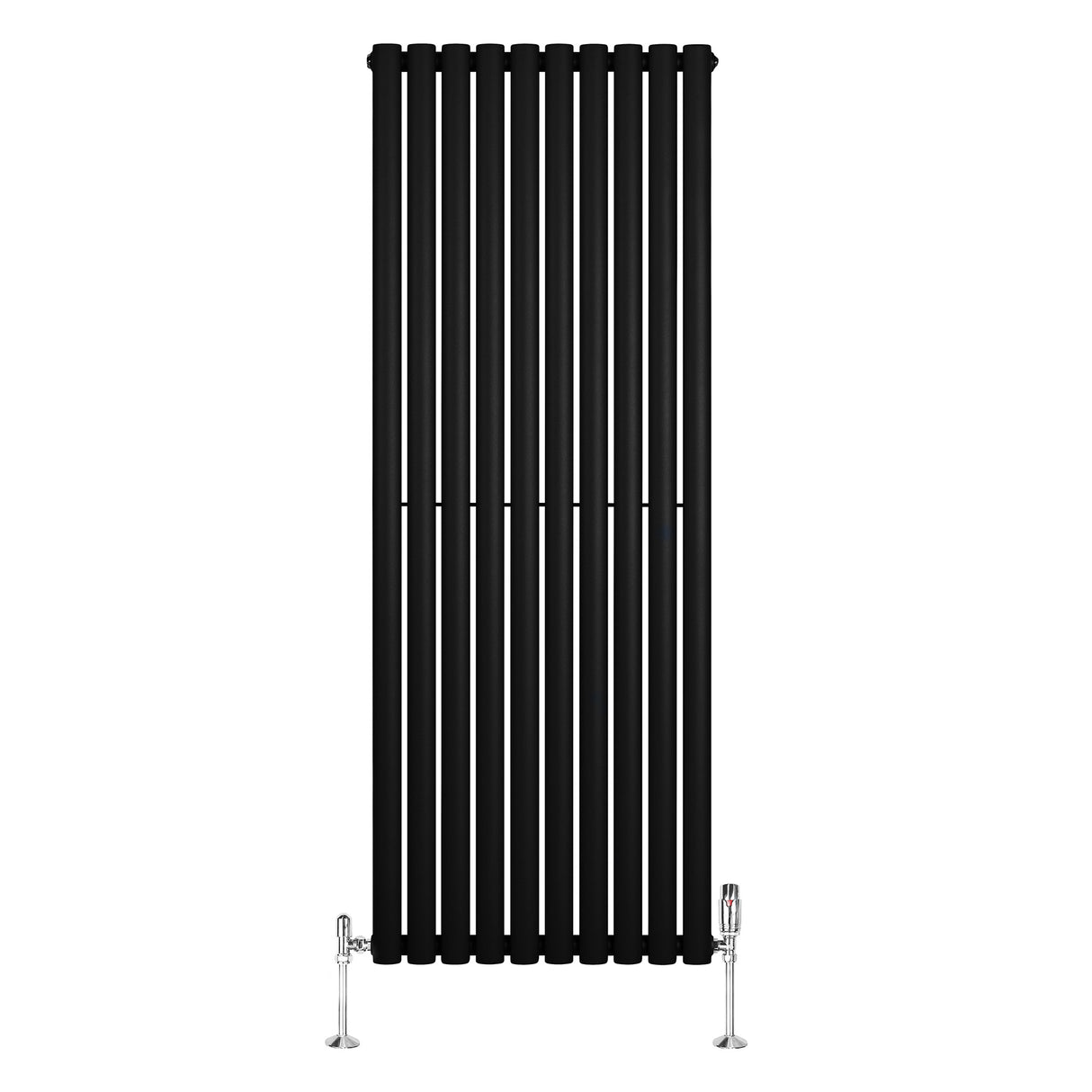 Svart oval enkelkolonnsradiator med slanka vertikala ribbor och kromade ventiler, 1600 mm x 600 mm, elegant och modern design