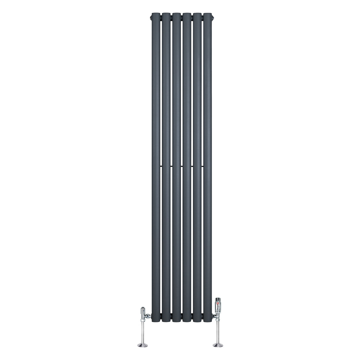 Oval enkelkolonnsradiator i antracitgrå med slanka, vertikala ribbor och ventiler, mått 1800 mm x 360 mm