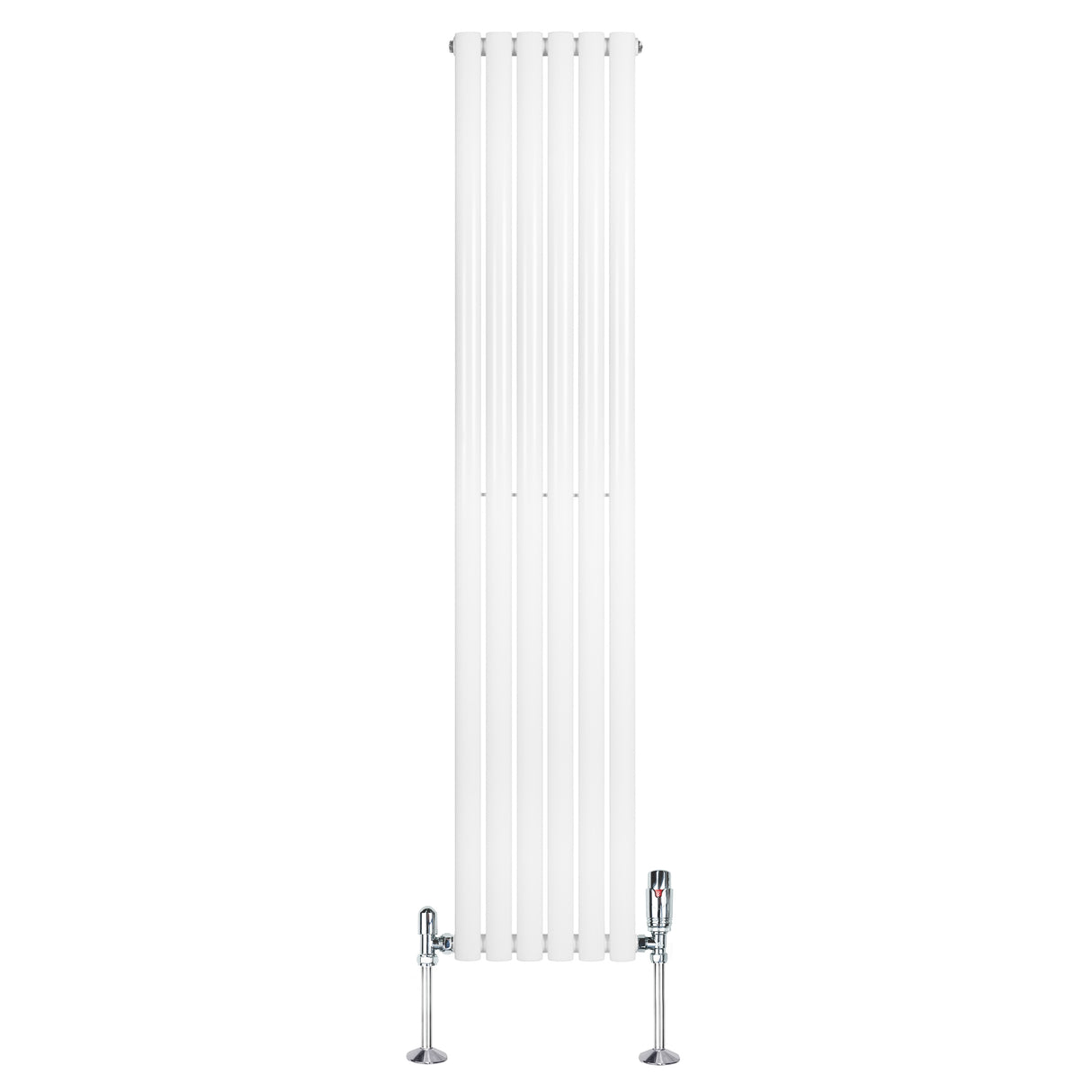 Oval vit enkelkolonnsradiator med släta ytor, 1800 mm hög och 360 mm bred, monterad med kromade ventiler i botten